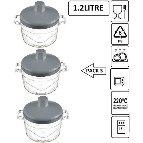 Lot De 3 Bol Plastique Alimentaire PS6 Pour Micro-onde 1.2L Avec Couvercle-Gris