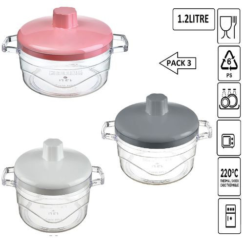 Lot De 2 Bol Plastique Alimentaire PS6 Pour Micro-onde 1.2L Avec Couvercle-Gris