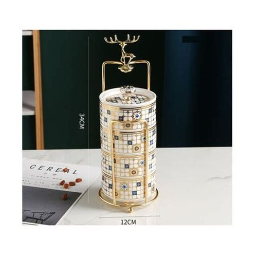 Bonbonnière 3 Bocaux Empilables  Porcelaine vert marbre support Métallique Doré