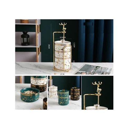 Bonbonnière 3 Bocaux Empilables  Porcelaine Blanc marbre support Métallique Doré