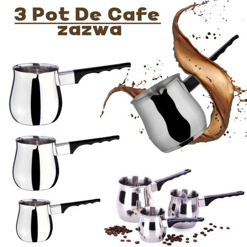 Série De Trois Pot De Café Turc  Zazwa - chromé - Poignée Noir