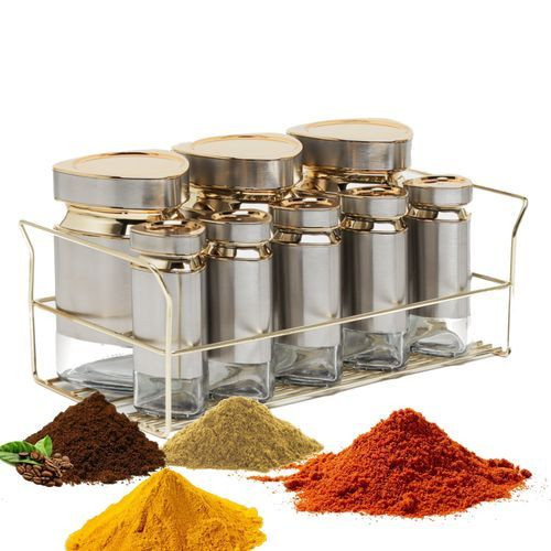 Ensemble De Pots à Épices 8 Pcs & Support De Rangement En Or Chrome Poli