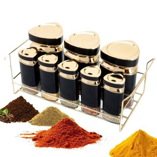 Ensemble De Pots à Épices 8 Pcs & Support De Rangement En Or Chrome Poli